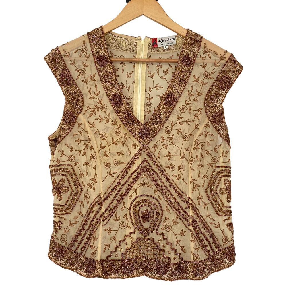 Vintage Aftershock 100% silk Beaded Sequins Floral Cap Sleeve Blouse Top  Sz L